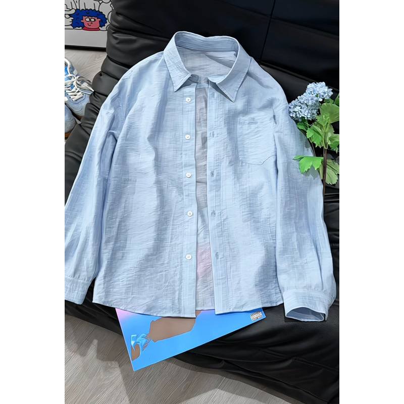 Hong Kong-style Retro Textured Thin Shirt, 2026 Spring New Model, Large Size, Solid Color, Collared, Long-sleeved,_voghion.com