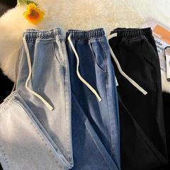 紺色のウエストジーンズの女性春秋広脚ストレートパンツ梨形の小柄な無鉄無磁ズボン