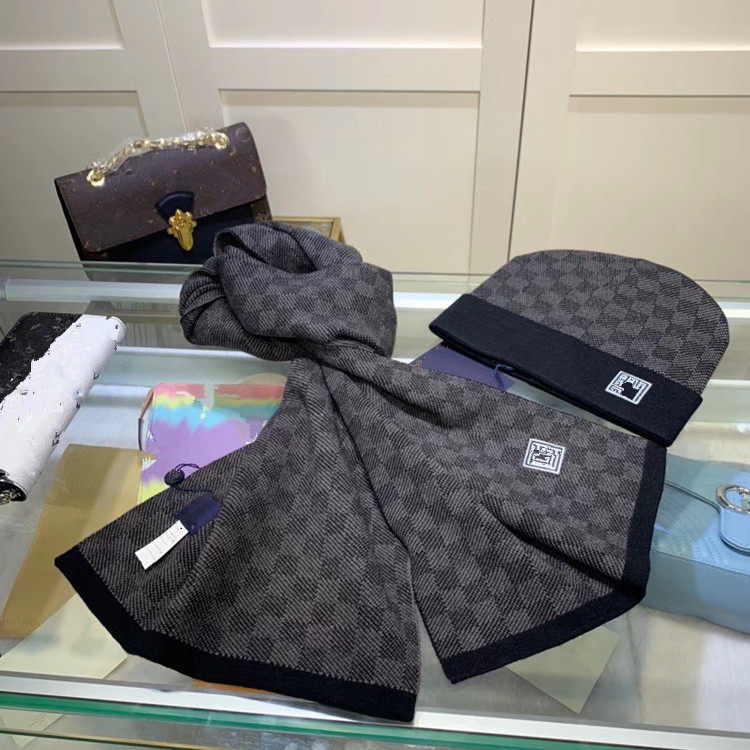 外贸热款棋盘格子针织羊毛围巾帽子套装二件套保暖男女百搭现货批|undefined