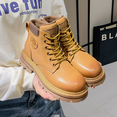 [Full-Grain Leather] Women's Martin Boots 2023 New Yellow High-Heeled Women's Insole Work Boots Retro Large Leather Women's Short Boots