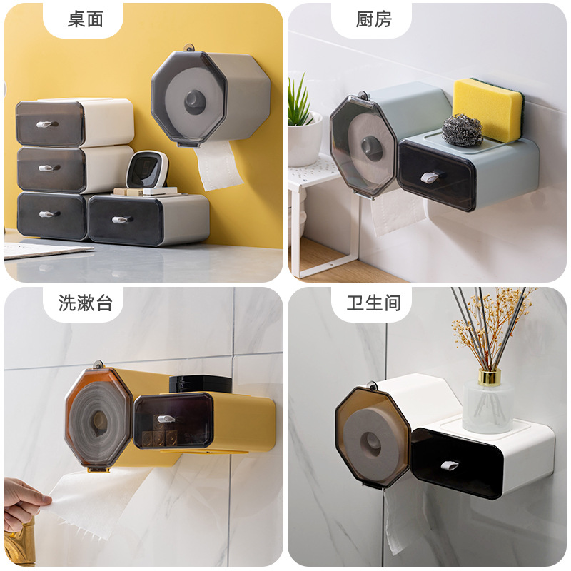Caja de papel higiénico ponche-libre montado en la pared rollo de papel titular impermeable caja de papel higiénico de almacenamiento estante de papel higiénico