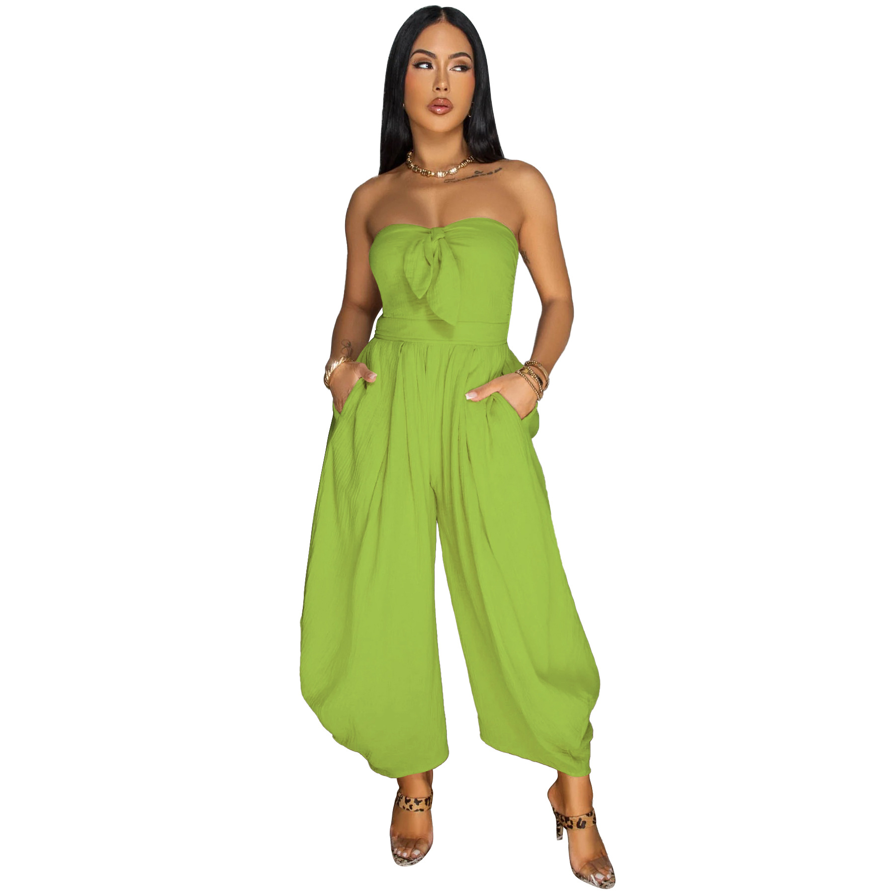 Sexy Damen-Jumpsuit mit Bandeau-Ausschnitt, einfarbig, Sommer, Neu, Direktvertrieb_voghion.com