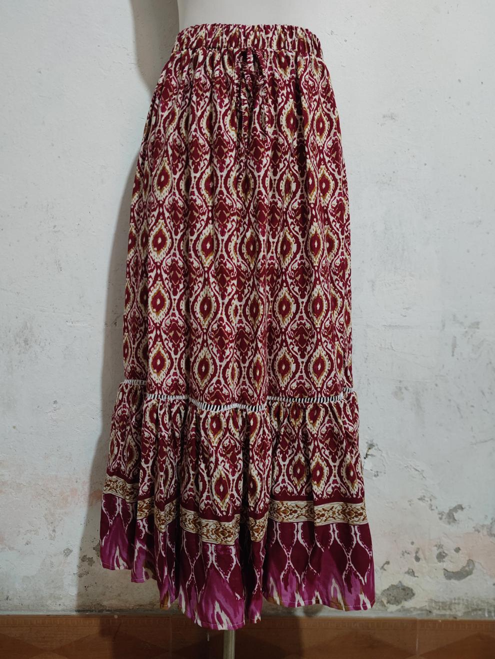 Bohemian European American Style Rayon Printed A-line Midi Skirt Vacation, Beach, And Seaside, With A Large Hemline For_ecoleips.com