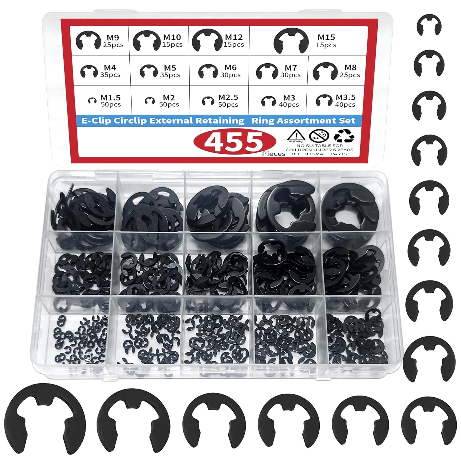 455件E-Clip外部固定环扣环14 个尺寸组合套装,高碳钢跨境热销款