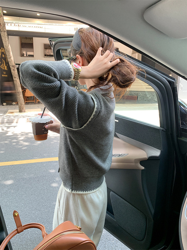灰色半拉链高领毛衣女2025春秋新款拼接针织衫宽松设计感上衣女|undefined