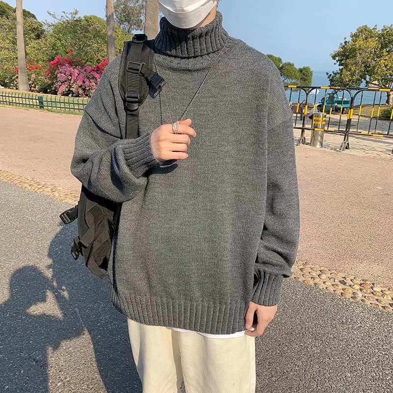 Cross-Border Turtleneck Sweater 2025 Men's Spring and Autumn Large Size Hong Kong Style Solid Color Retro Loose Knit Sweater Jacket Wholesale