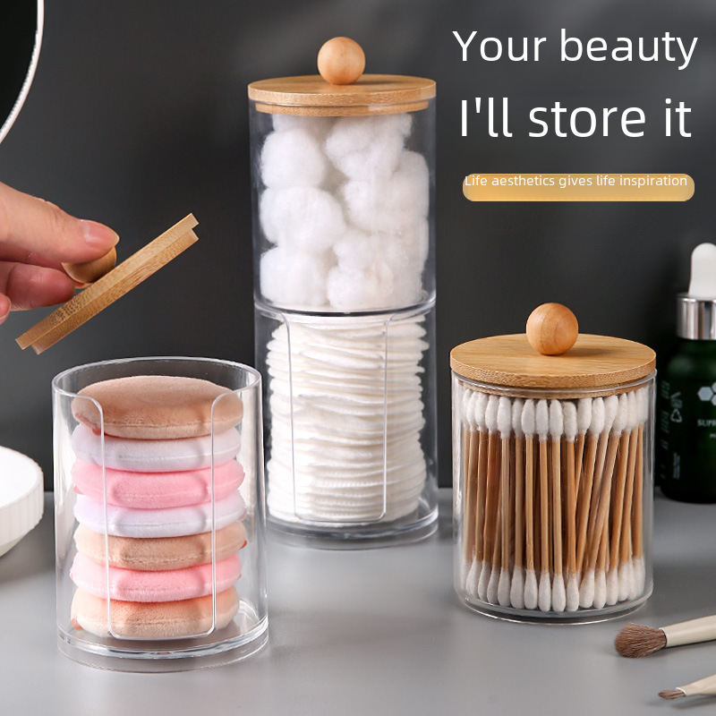 Cotton swab storage box round ball bamboo cover makeup remover makeup cotton storage box plastic round transparent container dustproof powder puff box