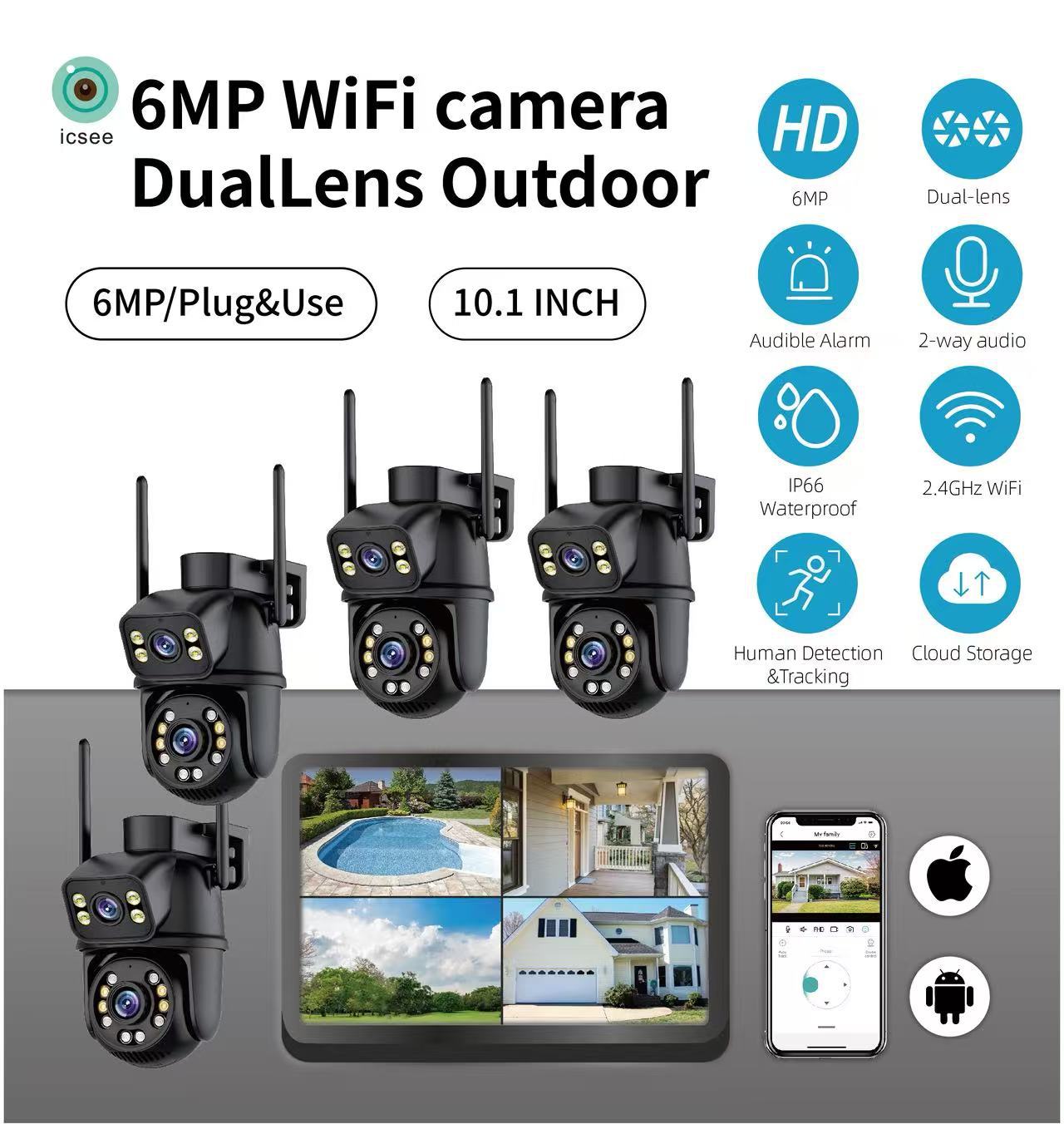 ICSEE 8MP WiFi NVR Seti Çift Lens PTZ IP Kamera 8CH Akıllı Ev Gece Görüşü