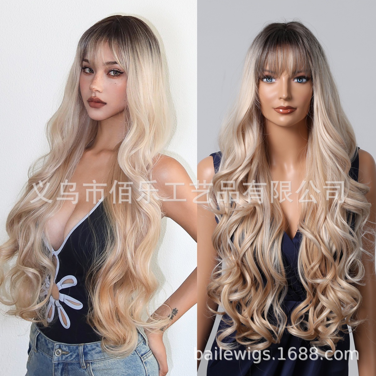 Ventas transfronterizas calientes pelucas doradas raspadas, cabello rizado largo, cubierta de cabeza completa, fibra química europea y americana en stock para mujeres wigs