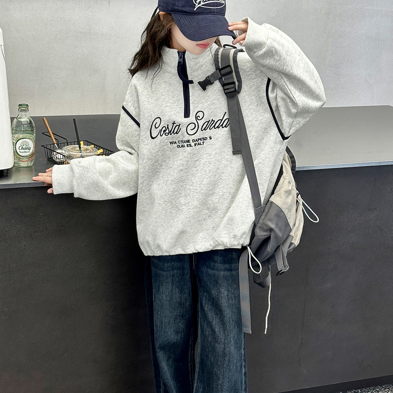 女童卫衣套装秋季2025新款中大童时尚洋气拉链翻领字母卫衣牛仔裤|undefined