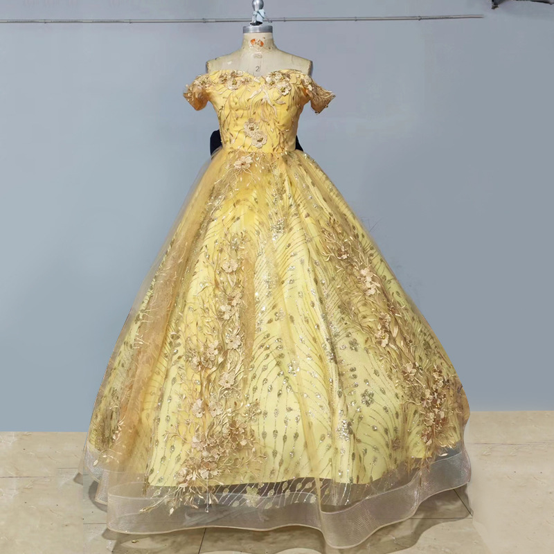 Golden Wedding Dress with Puffy Skirt, 2026 New Model, Simple Performance Outfit for Female Students in Art Exams, Evening Gown for Banquets, Summer Golden Wedding Dress with Puffy Skirt, 2026 New Model, Simple Performance Outfit for Female Students in Art Exams, Evening Gown for Banquets, Summer