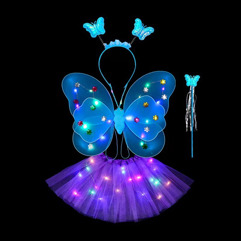 Mariposa luminosa alas de niña espalda juguetes flash niños maravillosos hadas varitas mágicas hadas flores set de tres piezas