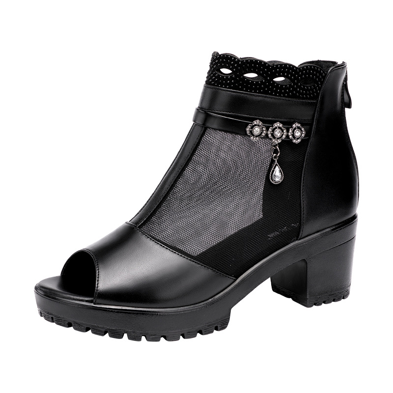 Sandal lưới hở mũi gót thô nữ đế mềm gót 8 cm — Màu đen 8 cm, Màu đen 6 cm