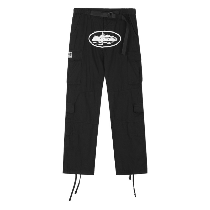 Pantalones cargo estilo COR Devil de la marca estadounidense de moda para hombre, con múltiples bolsillos, botones laterales, pantalones jogger vintage holgados de pierna recta con cordón ajustable.