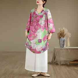 实拍复古印花苎麻七分袖衬衫大码女装洋气V领百搭中长款开叉上衣