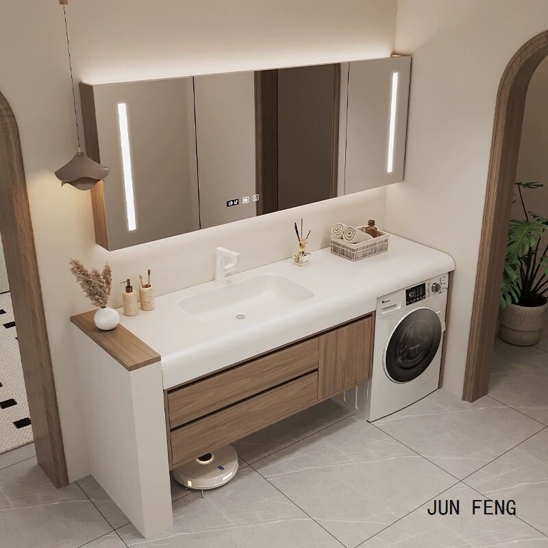 Medieval-Style Bathroom Cabinet Set with Corian Integrated Basin, Washbasin, and Washing Machine Integrated Cabinet Bathroom Set