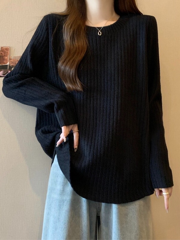 Plus Size High-End Black Sweater Women's Early Autumn Looks Great Fat and Slimming Look Loose Long-Sleeved Knitted Bottoming Top