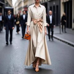 2025欧美跨境独立站亚马逊长袖纯色系带POLO领连衣裙外套长裙大衣