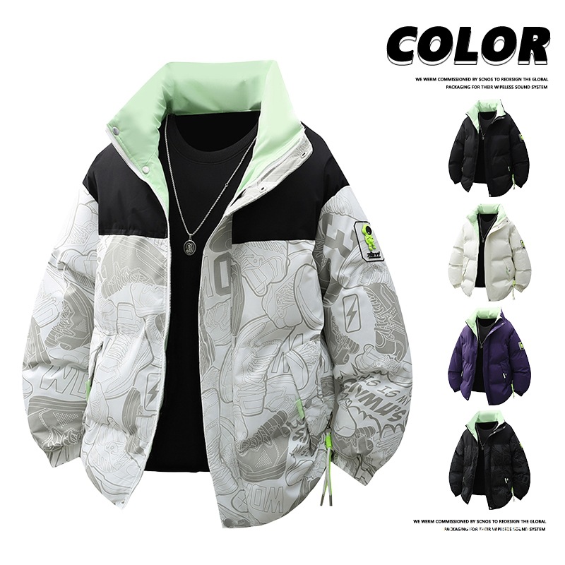 跨境棉衣外套男新款2025冬季立领印花面包服保暖宽松情侣百搭外套