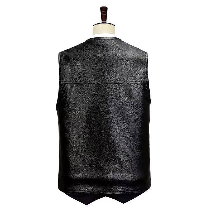 Áo vest nam da PU lót nhung có túi lớn, form rộng ấm áp cho người trung niên và người lớn tuổi — Màu đen