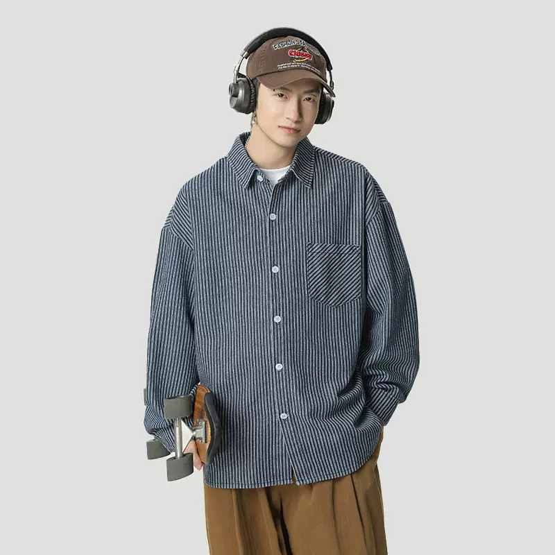 牛仔条纹长袖衬衫男春季款后背拼接设计日系复古休闲蓝色衬衣外套