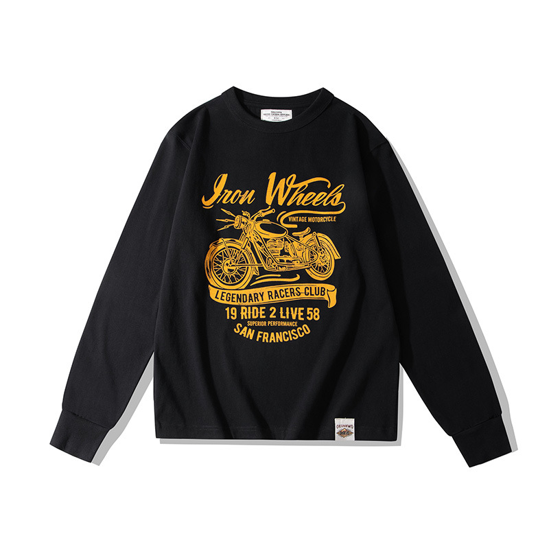 OKONKWO pesado 280g nacional de la moda de la motocicleta de la letra impresa Camiseta Americana retro Camiseta de manga larga TEE