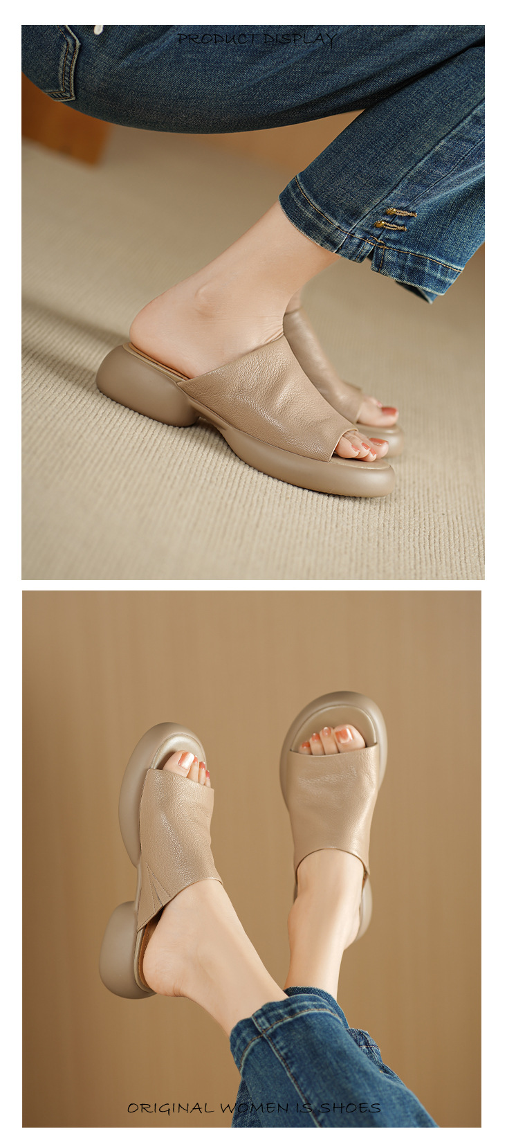 Sandal nữ hở mũi gót thấp đế dày 4cm da dê — màu trắng ngà chi tiết 5
