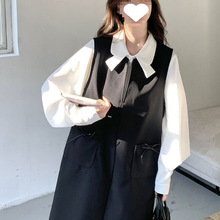减龄奶乖V领背心连衣裙套装女2025秋新款蝴蝶结衬衫两件套绵羊绒