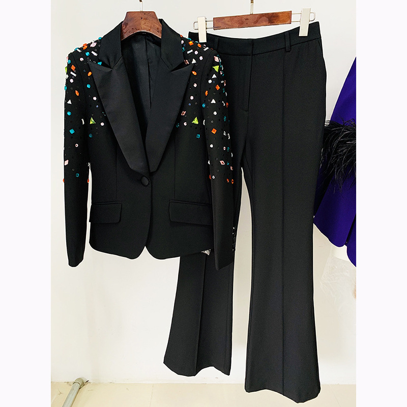 GraceChic In Stock 2025 European American Fashion New Heavy Beaded Colorful Rhinestone Slim Fit Blazer And Flared Pants Two-Piece_voghion.com