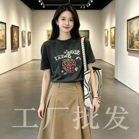 2026新韩系复古草莓印花甜酷休闲短袖T恤女黑宽松百搭上衣批发