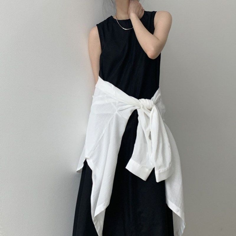コットンとリネンのドレス カジュアル 膝上 ゆったり 韓国風 ロング 大きな裾 ラウンドネック ノースリーブ 無地 ブラウンレッド オフホワイト イエロー|undefined