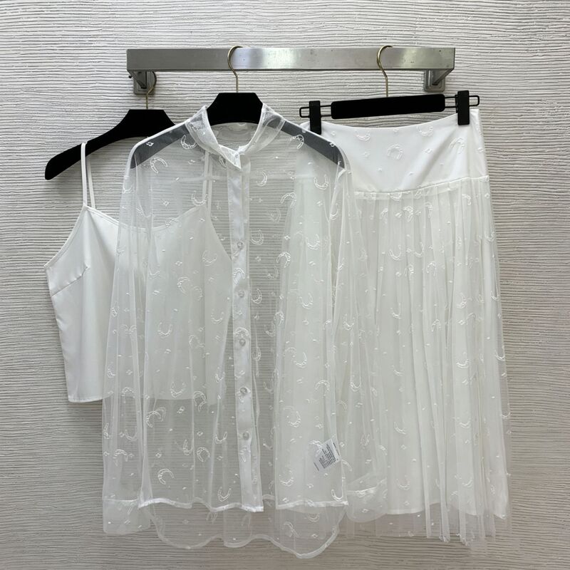 Mesh Embroidered Button-Front Stand-Collar Sheer Sexy Long-Sleeve Shirt + Wide-Waist Patchwork Pleated Skirt Set Mesh Embroidered Button-Front Stand-Collar Sheer Sexy Long-Sleeve Shirt + Wide-Waist Patchwork Pleated Skirt Set