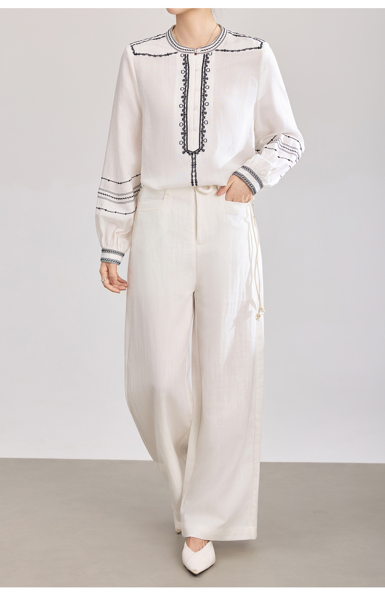 Quần culottes nữ ống rộng chất liệu cotton pha linen mát lạnh — Xanh lông mòng đen chi tiết 28