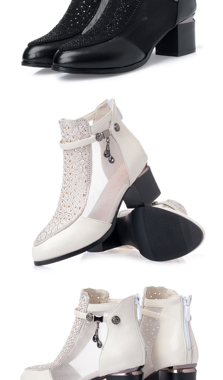 Giày boot nữ cổ thấp da thật lưới thoáng khí gót dày — đen chi tiết 13