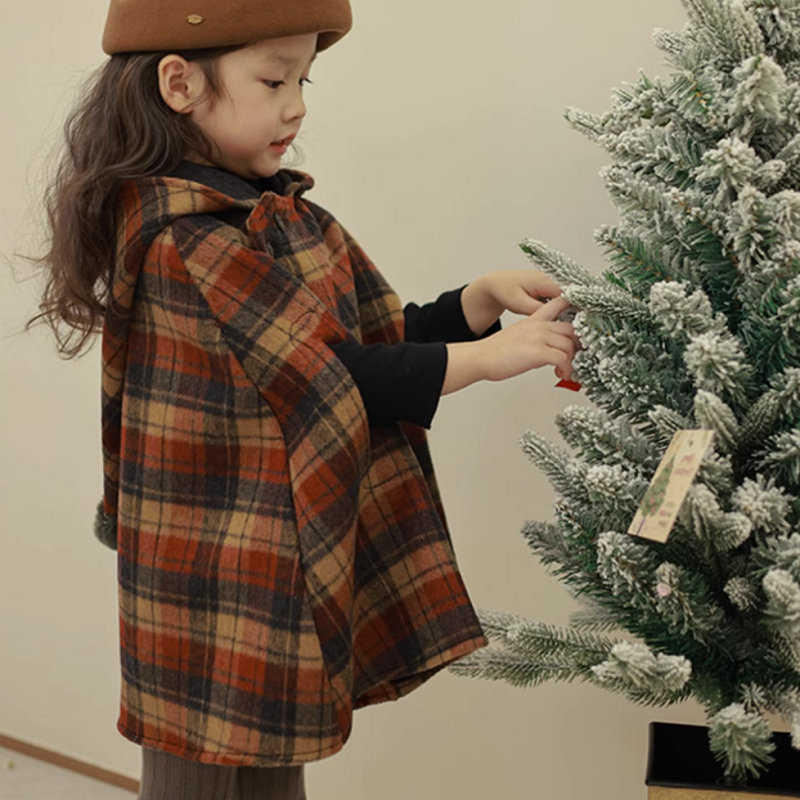 Kinderkleidung Mädchen Herbst und Winter neue Kinder spitzer Hut karierter Baumwollclip dicker Wollmantelumhang_voghion.com