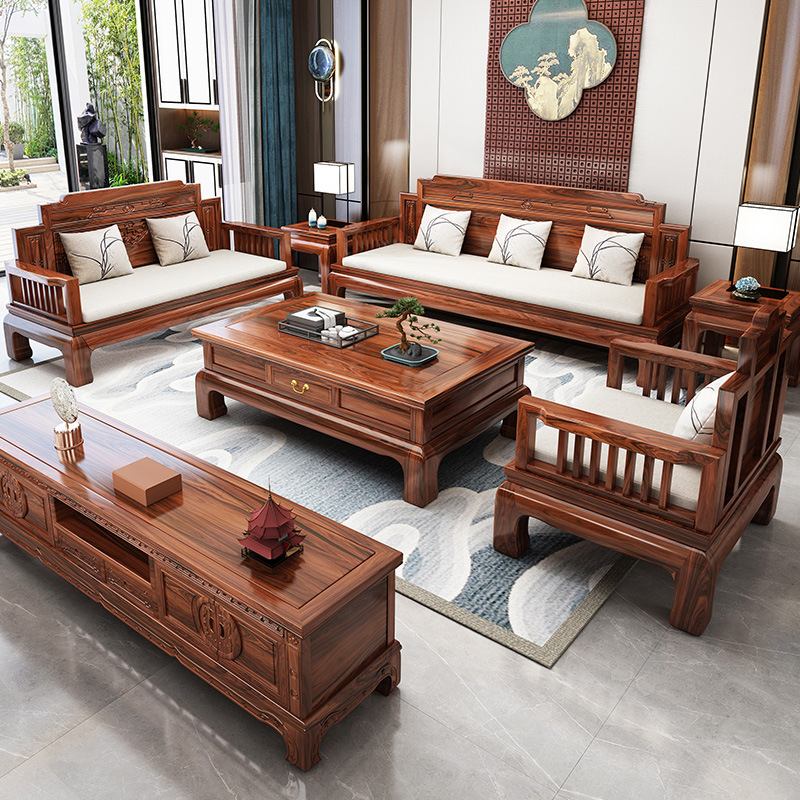New Chinese Style Rosewood Solid Wood Sofa, Classical Ebony Wood Carving, Winter and Summer Dual-Purpose Living Room Furniture for Large and Small Sizes