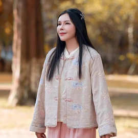 2025秋冬新款亚麻丝短款外套女新中式纯色圆领宽松长袖开衫棉衣