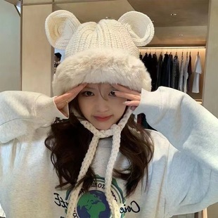 Raccoon hat winter Korean style sweet cute wool hat warm ear protection plush hat cold-proof ear knitted hat