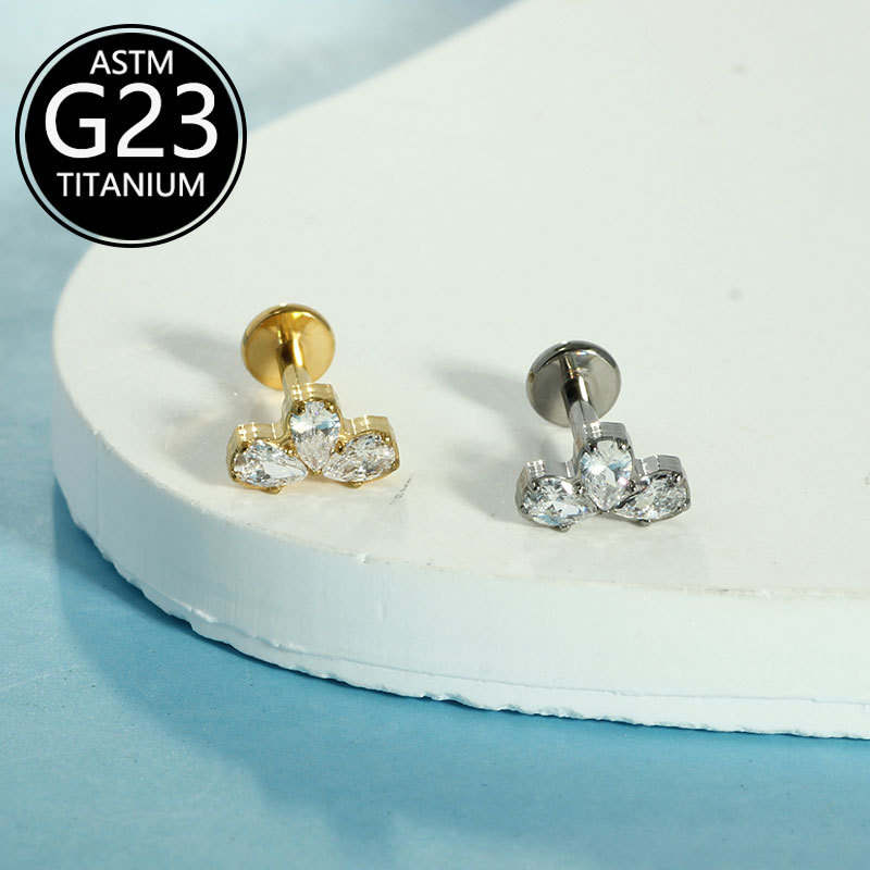F136 Titanium Alloy Water Drop Zircon Three-Petal Flower Lip Nail G23 Titanium Internal Thread Lip Nail Tongue Nail Piercing Jewelry detail image 7