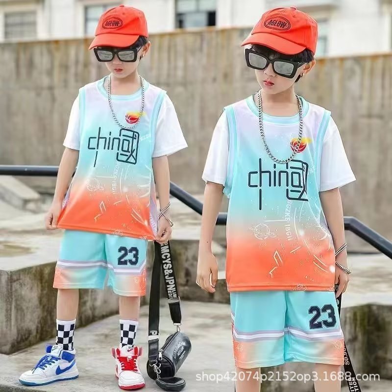 Children's fake two-piece basketball suit short sleeve No.23 Jersey student sports leisure training clothes children's clothing wholesale