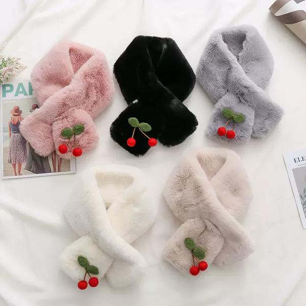 Women's Winter Scarf, Trendy Korean Style, Small Cherry Design, Faux Rabbit Fur, Fresh and Thick, Warm, Versatile Student Neck Warmer