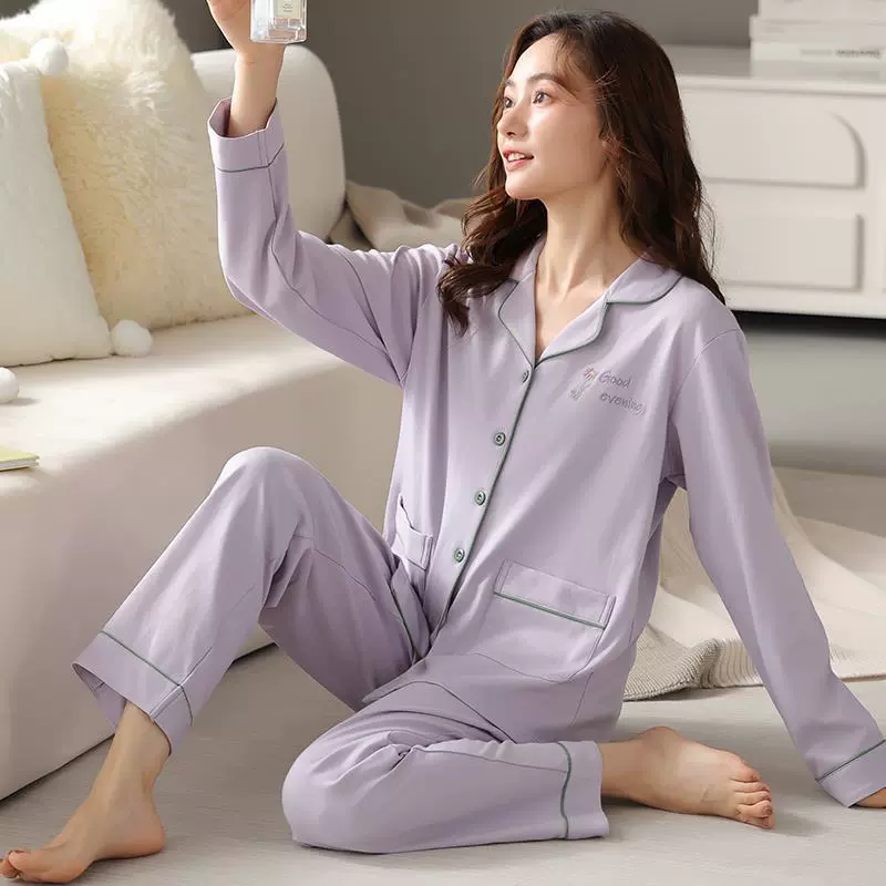 Женские пижамы, весна-осень, хлопковые, с длинным рукавом, больших размеров, фиолетовые, премиум-класса, осенне-зимний кардиган, домашний комплект из двух предметов