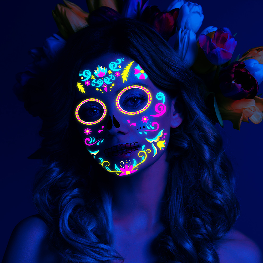 Tatuajes Temporales Metalizados para Cara de Papel de Transferencia de Agua, Fluorescente para Fiesta de Halloween