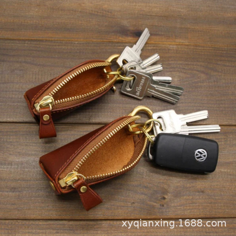 Manufacturer's Ready-Made Leather Zipper Key Bag, Car Key Anti-Scratch Protective Cover, Portable Waist-Mounted Hand-Held Key Bag
