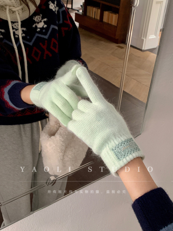 金泰含兔毛蕾丝边贴布～秋冬氛围针织毛线手套女保暖露指可触屏|undefined
