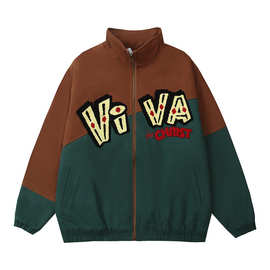 美式复古卡通刺绣拼接撞色夹克棉服冬季男女潮牌街头宽松棉衣外套