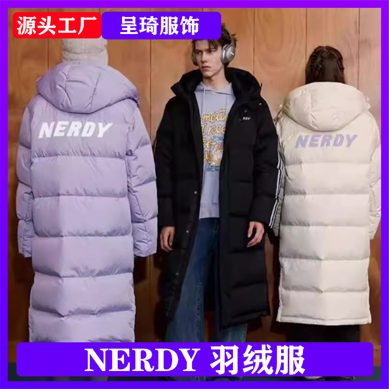 Korean Nerdy Small Logo Double-Stripe Long down Jacket with Large Letters on the Back, Same Style as Xu Minghao, Women's White Duck down