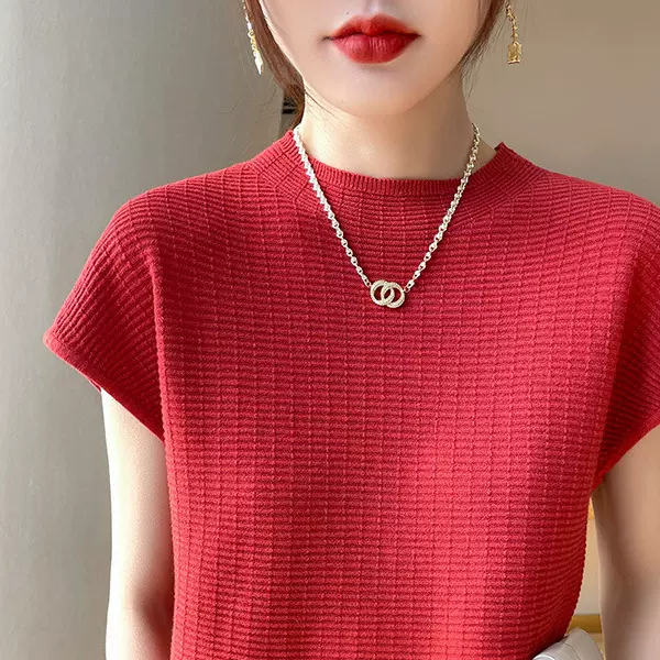 新款短款针织春夏打底背心气质宽松半高领短袖百搭女衫厂家直销