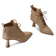 小香風2022新款時尚氣質羊皮系帶短靴女春秋單靴尖頭加絨及踝靴子