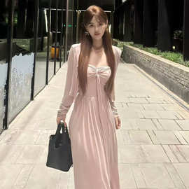 秋夏款女转修身显瘦A字御姐纯欲风垂感蝴蝶结吊带连衣裙女装